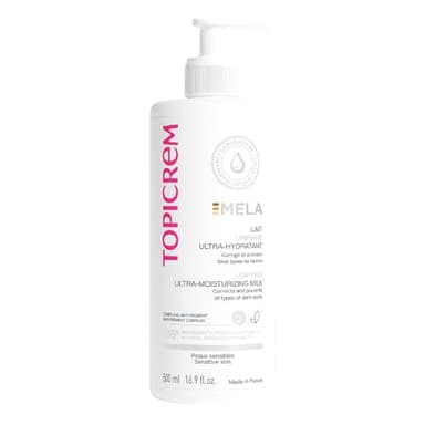 Topicrem - Lait corporel ultra hydratant Mela - Hydrate 24 heures uniformément, corrige et prévient les taches - Texture liquide, parfum floral - Peau sensible - 500 ml (l'emballage peut varier)