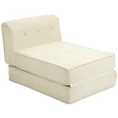 HOMCOM Fauteuil Convertible 1 Place Fauteuil Paresseux Fauteuil lit chauffeuse 1 Place - Dossier capitonné, Matelas Pliable - Fauteuil de Sol pour invités, Salon, Charge 240 kg, Velours côtelé crème