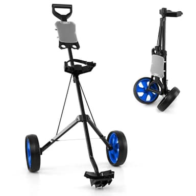 GOPLUS Chariot de Golf à 2 roulettes, Chariot de Golf Pliable avec Poignée Ergonomique, Sangles de Sac Ajustables et 2 roulettes, Facile à Pousser et à Tirer, 67 x 142 x 112CM (Bleu)