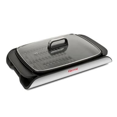 Girmi BQ91 Gril et Barbecue, 2000W, Plaques Antiadhésives XL 40 x 30 cm à Double Usage, sans Fumée, Couvercle en Verre Trempé, Température Réglable, Bac Récupérateur de Graisse, Gris