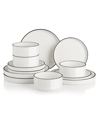 Sweejar Home Service de table 12 pièces en porcelaine pour 4 personnes avec assiettes et bols en céramique - Classique et moderne - Passe au lave-vaisselle et au micro-ondes (bord blanc/noir)