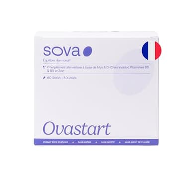 Ovastart - SOPK - Inositol - Équilibre Hormonal, Métabolisme Glucidique - Myo inositol, D-chiro-inositol, Zinc, Vitamine B9 acide folique Brevetée Quatrefolic® & B6- Made In France - 60 Sticks - SOVA