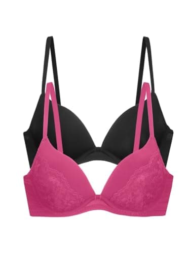 Dorina Willa Lot de 2 Soutiens-Gorge Push-Up Plongeants – Armatures, Rembourrés, Bretelles Réglables, Dentelle & Microfibre, Rose et Noir