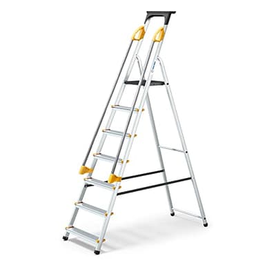 Escabeau 7 marches DURAMP sécurisé avec rampes, tablette porte-outils, marchepied pliable aluminium, hauteur plateforme 140cm, garantie 5 ans Hoström
