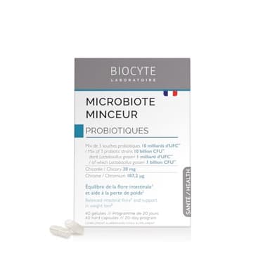 BIOCYTE Microbiote Minceur - Complement Alimentaire Probiotique Flore Intestinale - 10 milliards d'UFC, Vitamines, Arginine, Chrome, Chicorée - Programme 20 Jours