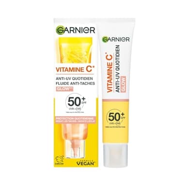 Garnier SkinActive - Fluide Anti-Taches & Anti-UV Quotidien - Glow - SPF 50+ - Protège, Réduit les Taches & Booste l'Éclat - Soin Visage Enrichi en Vitamine C - Tous Types de Peau - 40 ml