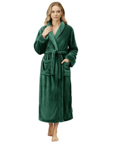 NY Threads Peignoir de bain long en polaire chaude à col châle pour femme, vert, Large