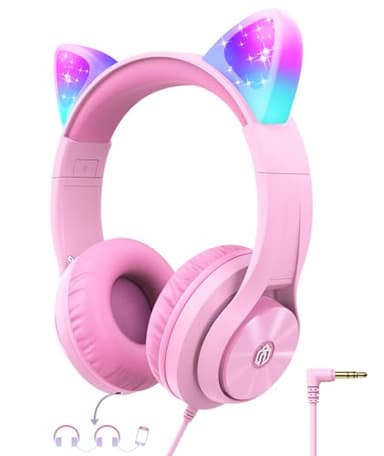 iClever Casque Audio Enfant, Oreilles de Chat Lumineuses LED, Volume Limité à 85dBA, Port partagé, pour Enfants/Ecole/iPad/Tablette Voyage