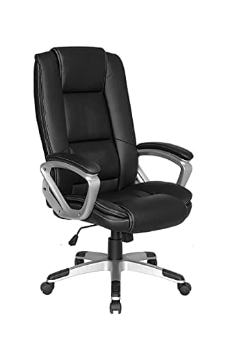 byLIVING Fauteuil de bureau Derek-XXL - Charge maximale : 150 kg - Revêtement en cuir synthétique noir - Rembourrage à ressorts - Base argentée - Mécanisme à bascule - Roulettes de sécurité - Largeur