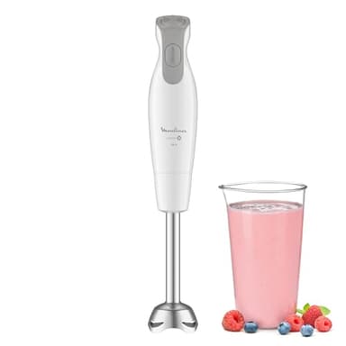 Moulinex Mixeur plongeant, 600 W, 2 vitesses, Poignée ergonomique, Pied antiéclaboussures inox, Compatible lave-vaisselle, 4 lames technologie Powelix, Daily Chef Blanc DD551110