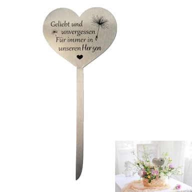 HAYGEM Plaque Funeraire Personnalisable Coeur, Acier Inoxydable Décoration Funéraire en Forme de Cœur, Argent Plaque Funeraire Coeur, avec Geliebt und Unvergessen，für Immer in Unseren Herzen