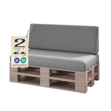sunnypillow Set de 2 Coussins pour Canapé Palette - Matelas Extérieur Impermeable, Anti UV - d’Assise 120 x 80 x 15 cm + Dossier 120 x 40 x 20/10 cm - Coussin Salon de Jardin, Terrasse - Gris
