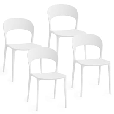 Baroni Home Lot de 4 Chaises en Plastique Blanc – Empilables, sans Montage, Faciles à Nettoyer, avec Patins Aantidérapants, pour Cuisine, Salon, Salle à Manger, Extérieur 41x38x77 cm, Dossier Arrondi
