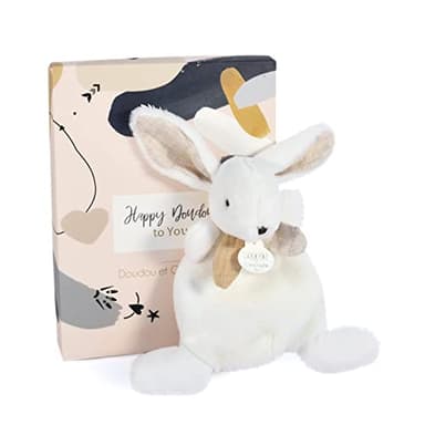 DOUDOU ET COMPAGNIE - Petit Doudou Lapin Plat - Blanc & Beige - 17 cm - Collection Happy Wild - Peluche Toute Douce - Idée Cadeau Naissance pour Bébé - Garantie Doudou Perdu - DC3881