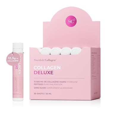 Swedish Collagen Deluxe | Complément liquide de collagène marin hydrolysé 12 500 mg - 30 doses quotidiennes de 25 ml | Acide hyaluronique, biotine et vitamine C pour des cheveux, une peau, des ongles
