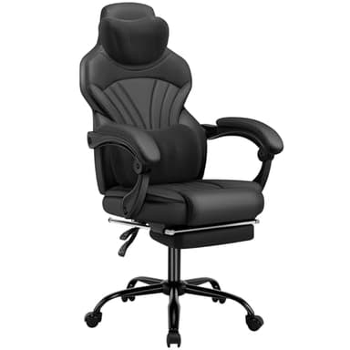 HLFURNIEU Chaise Gaming Ergonomique, Fauteuil Gaming avec Appui-tÊte et Support Lombaire, Chaise Gamer avec Repose-Pieds TÉlescopique et Accoudoirs de Liaison, Réglable en Hauteur, Fauteuil Gamer Noir