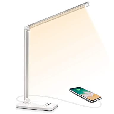SLATOR Lampe de Bureau LED, Dimmable 5 Modes de Couleur 10 Niveaux de Luminosité, Flexible Contrôle Tactile Protection des Yeux,Lampe de chevet Avec Port USB et Fonction Minuterie