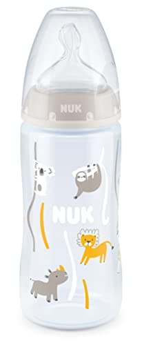 NUK First Choice+ Biberon, pour bébé de 6 à 18 mois, contrôle de la température, contrôle du flux, valve anti-colique, 300 ml, sans BPA, tétine en silicone, safari (neutre)