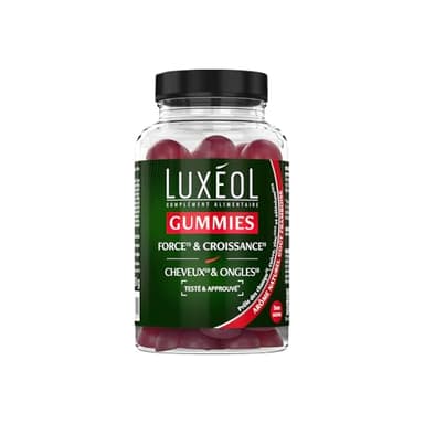 LUXÉOL - 60 Gummies Force & Croissance - Complément Alimentaire Cheveux & Ongles - Fortification - Arôme Naturel Framboise - Sans Sucres - Fabriqué En France - Programme 1 Mois