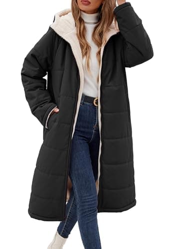Vancavoo Manteau D'hiver Long Pour Femme Veste Matelassée Épaisse Blouson Chaud Polaire Parka Jacket Manches Longues Manteaux à Capuche Outercoat,Noir,XL