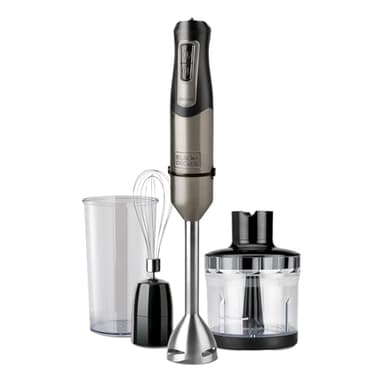 BLACK+DECKER BXHBA1000E - Mixeur plongeant multifonction 3 en 1 1000W, 20 vitesses + Turbo, anti-éclaboussures, verre doseur, bol hachoir, fouet, noir et inox anti-traces de doigts