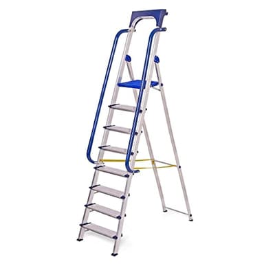Escabeau 8 marches Secure pro, aluminium renforcé, sécurisé avec rampes, tablette porte-outils, hauteur plateforme 182cm, charge 150kg Hostrom