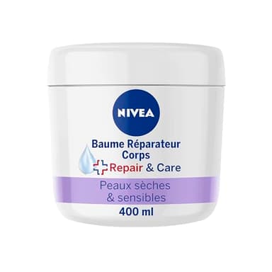 NIVEA REPAIR & CARE Baume Réparateur Visage, Corps & Mains Peaux Sèches & Sensibles (1 x 400 ml), Crème à la glycérine & panthénol anti-démangeaison, Soin corps hydratant non parfumé 72H