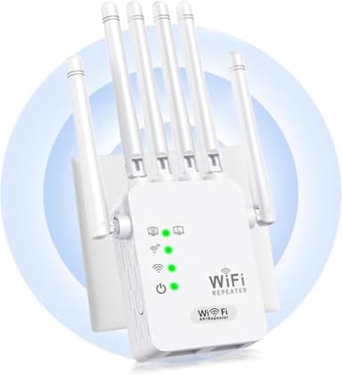 Répéteur WiFi,Amplificateur WiFi,repeteur WiFi Puissant avec 6 Antennes Puissantes,2 Ports LAN,Mode Répéteur & Routeur & AP,repeteur WiFi Exterieur Couverture WiFi de 1000 m²,Facile à Installer