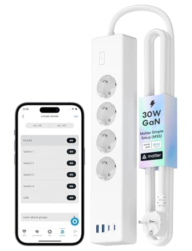 Meross Multiprise Connectée Matter (Type F), 16A Multiprise WiFi GaN USB C PD 30W avec Matter Simple Setup, Compatible avec Alexa, Apple Home et Google Home, 4 Prises CA, 2 USB-A et 2 USB-C