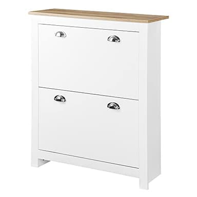 HOMCOM Meuble à Chaussures 12 Paires, Armoire à Chaussures étroite avec 2 tiroirs rabattables et étagères réglables, poignées coquilles métal, pour Couloir, entrée, 79 x 23 x 90,5 cm, Blanc et chêne