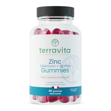 Gummies ZINC avec Biotine et Sélénium | Pousse des Cheveux et des Ongles | Beauté de la Peau | 60 Gommes Framboise Sans Sucre (ni gélules ni comprimés) | Cure 30 jours | Made in France | Terravita
