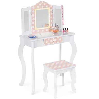IDMarket - Coiffeuse Enfant Roza LED Blanche et Rose avec 3 miroirs et Tabouret