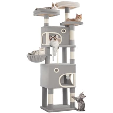Hzuaneri Arbre à Chat Hauteur 180 cm, Tour de Jeux pour Chat avec 8 Griffoirs, 3 Plateformes, 2 Niches, Panier, Pompons, Convient Aux Chats de Toutes Tailles, Gris Clair MS18018LG