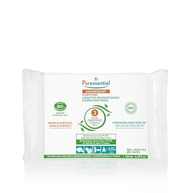 Puressentiel - Assainissant - Lingettes désinfectantes Mains & Surfaces – A l’Aloe Véra et Aux 3 Huiles Essentielles – 100% compostables, 100% fibres naturelles – Sans Javel - Alcool Végétal - x32