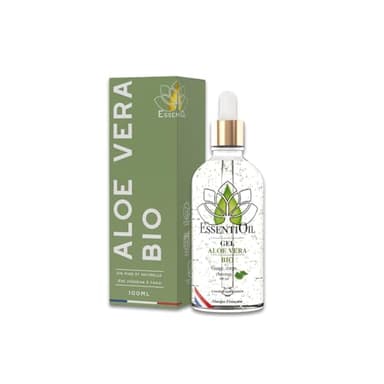 ESSENTIOIL Gel Aloe Vera Bio - Répare les pointes fourchues, Redonne brillance aux cheveux - Hydrate la peau, Soulage les démangeaisons Gel aloe vera cheveux - Bouteille verre 100mL - Marque Française