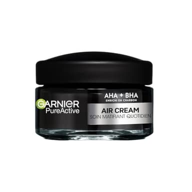 Garnier Pure Active - Air Cream - Soin Matifiant Quotidien - Enrichie en AHA + BHA & en Charbon - Hydrate 48h & Matifie 12h* - Peaux Mixtes à Grasses à Tendance Acnéique - 50 ml