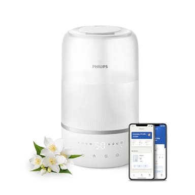 Philips Humidificateur intelligent - Compact mais puissant avec Sky High Mist, jusqu'à 32 heures d'autonomie, silencieux avec réglage du sommeil et veilleuse, pour jusqu'à 38 m² (HU1509/00)