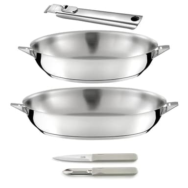 CUISINOX Eclipse - Set 2 poêles 24/28cm inox, 1 poignée amovible inox, 1 éplucheur et 1 couteau office