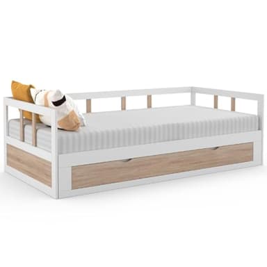 IDMarket - Lit Banquette 90 x 190 cm Zoya Convertible 180 x 190 cm Blanc et hêtre avec 1 tiroir de Rangement