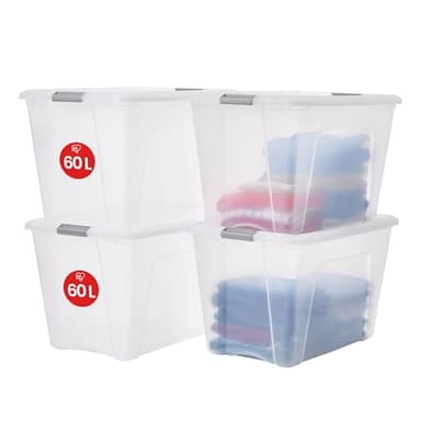 Iris Ohyama, Boite Rangement Plastique avec Couvercle, 60L, Lot de 4, Argent, Clips de Fermeture, Poignée,Empilable, Organisation Solide et Durable, pour Chambre, Dressing, Bureau, NTB-60