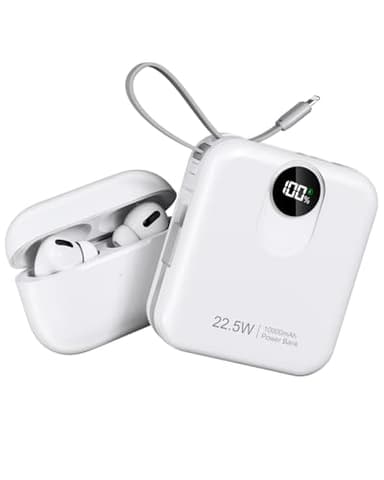 Batterie Externe 10000mAh avec Câble intégré : 22.5W Power Bank à Charge Rapide pour téléphone Portable, Batterie USB C (Input & Output), Chargeur Portable avec 4 Sorties et 2 entrées adioRadio with