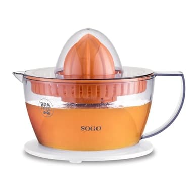 Sogo Presse-agrumes électrique à jus d'orange et de citron avec 2 cônes et couvercle, automatique, puissant et silencieux, carafe 0,5 litre, blanc, 40 W (SS-5223)