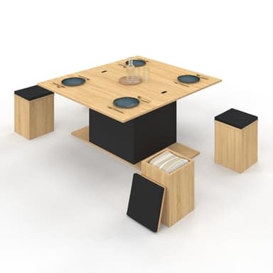 IDMarket - Table Basse Plateau relevable rectangulaire Convertible en Table à Manger Eden 100 cm Bois et Noir avec poufs
