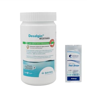 BAYROL Desalgin Mustard - 1,5kg | Anti-Algues Concentré - Destruction de l'Algue Moutarde - Double Action Curative (Choc) et Préventive + 10 Tests HPS OFFERTS 6 en 1
