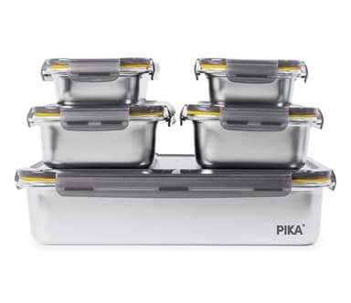 Pika | Lot de 5 boites alimentaires en inox |1x 5000ml + 2x 1300ml + 2x 650ml | Spécial Batch cooking | Compatible au micro-ondes, four, congélateur | Rangement facile