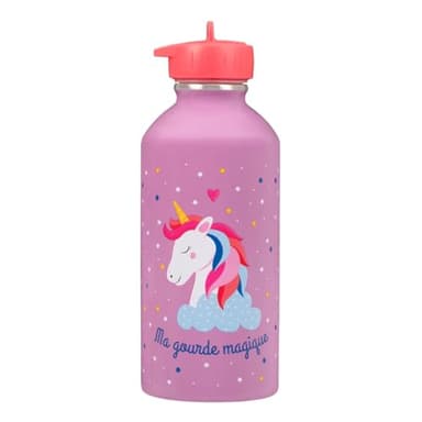 Gourde enfant Acier inoxydable DRAEGER PARIS - Facile à nettoyer - gourde réutilisable - Idéale pour parc, école - Contenance 300ml - 17 cm x 6,5 cm - Violet - Message inscrit : Ma Gourde Magique