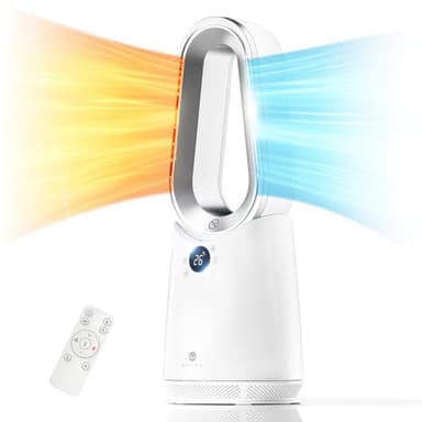 Ultty Chauffage et ventilateur sans pales, Chauffage D'appoint 2000 W et Ventilateur Froid 28 W, Utilisation Toute la Saison, Télécommande et Commande tactile, Minuterie, Chauffage d'espace, Blanc