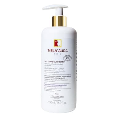 MELA' AURA, Lait Corps Clarifiant, Unifiant et Hydratant Anti-taches, Formule Végane, 500 ml, Sans Silicones, Sans Parabens, Texture Onctueuse, Parfum Exotique, Fabriqué en France