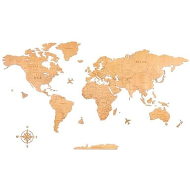 Creawoo Carte du Monde en Bois pour Décoration Murale, Naturel avec Gravure en Creux, Décorative pour Salon, Chambre, Bureau (150 x 85CM)