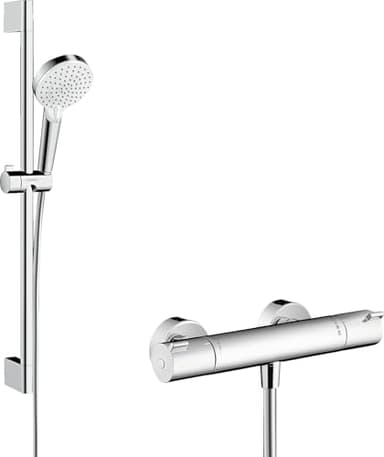 hangrohe Crometta - Set de douche, Ensemble de douche avec mitigeur thermostatique, douchette, barre de douche 65cm, support de douche et flexible de douche 160cm , Blanc/chromé, 27812400